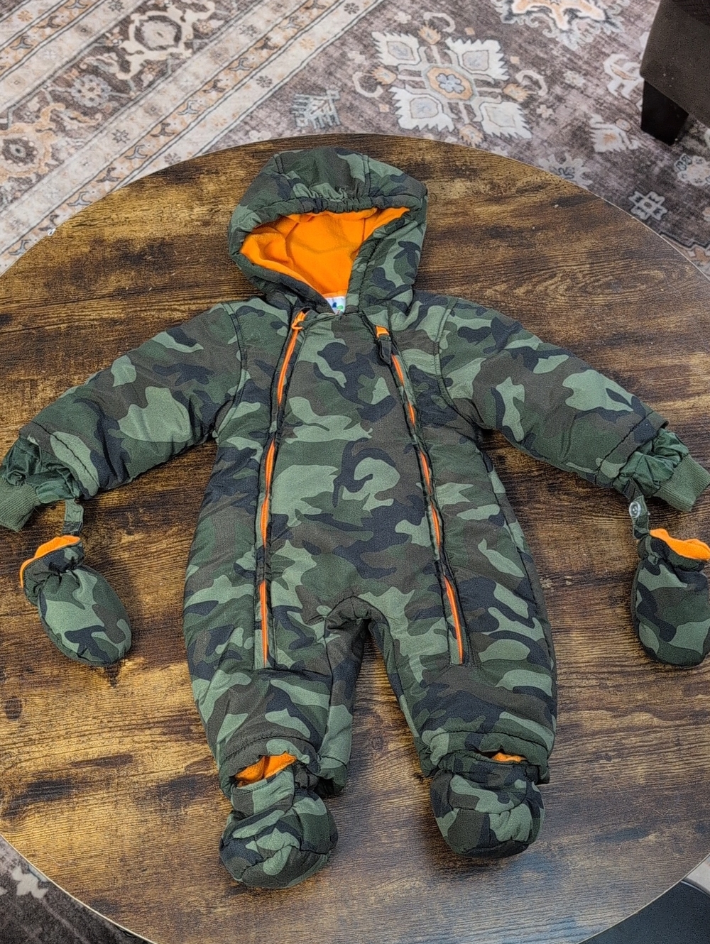 Infant Fleece Lined Puffer Snowsuit 3-6 Months Camo Water Repellant Double Zip
